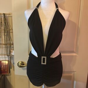 Evening wear ties at neck and in back rhinestone buckle at waist & at neck